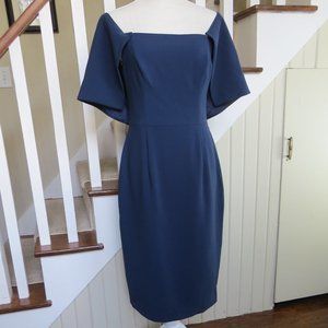 BLACK HALO NWT Eloise Cape Overlay Sheath Off-the-shoulder Dress SIZE 8 Blue
